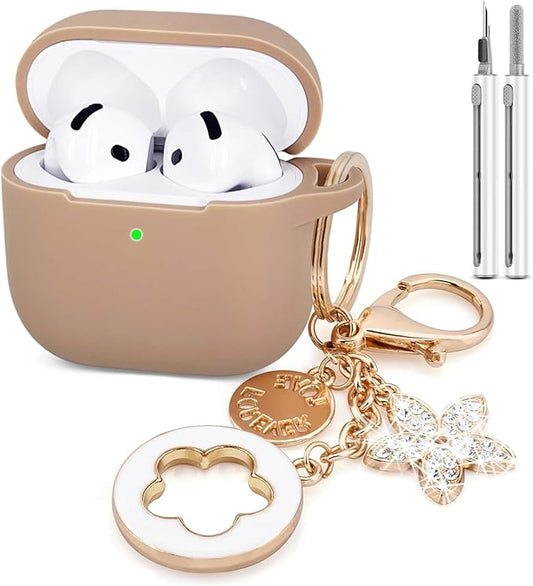 Airpods 4 Cases Silicone Protective Case for Airpod 4 with Bling Keychain for Apple AirPods 4th Generation Wireless Earbuds with Cleaner Kit (Milk Tea)