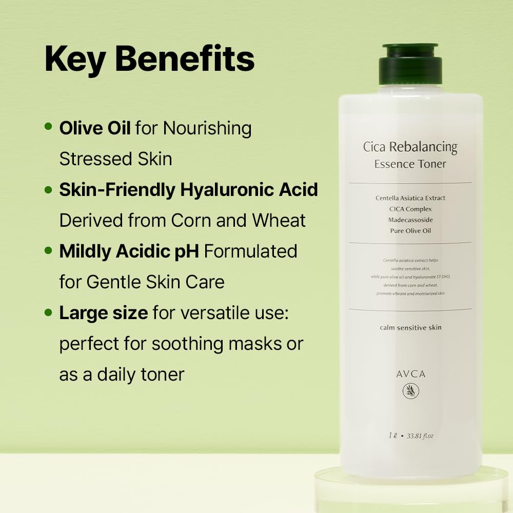 AVCA CICA Rebalancing Essence Facial Toner - Korean Toner with Centella Asiatica for Hydrating & Soothing, ph5.5 Trouble Care, Korean Skin Care (1L/33.8fl.oz.)