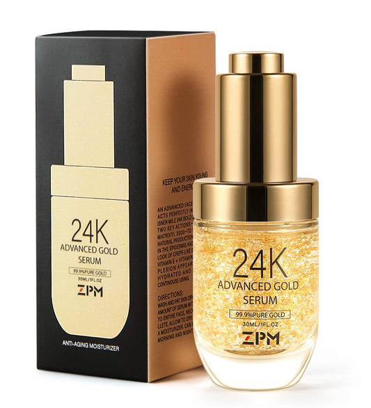 24K Gold Anti Aging Face Serum Moisturizer Enriched with Vitamin C Serum, Hyaluronic Acid, Vitamin E Cream for Day and Night Wrinkle Reduction, Re-Activate Skin Youth (1FL.OZ)