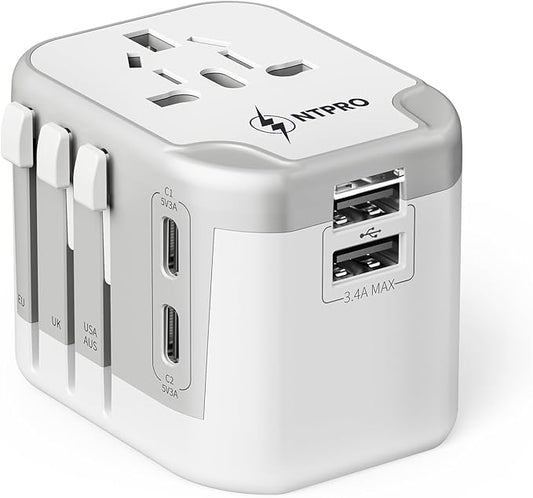 5 in 1 Universal Travel Adapter-10A | International Power Adapter with 2 USB C, 2 USB A Ports | 3.4A & 2400W Fast Portable Charger | Travel Adapter Worldwide Covering 200+ Countries- White