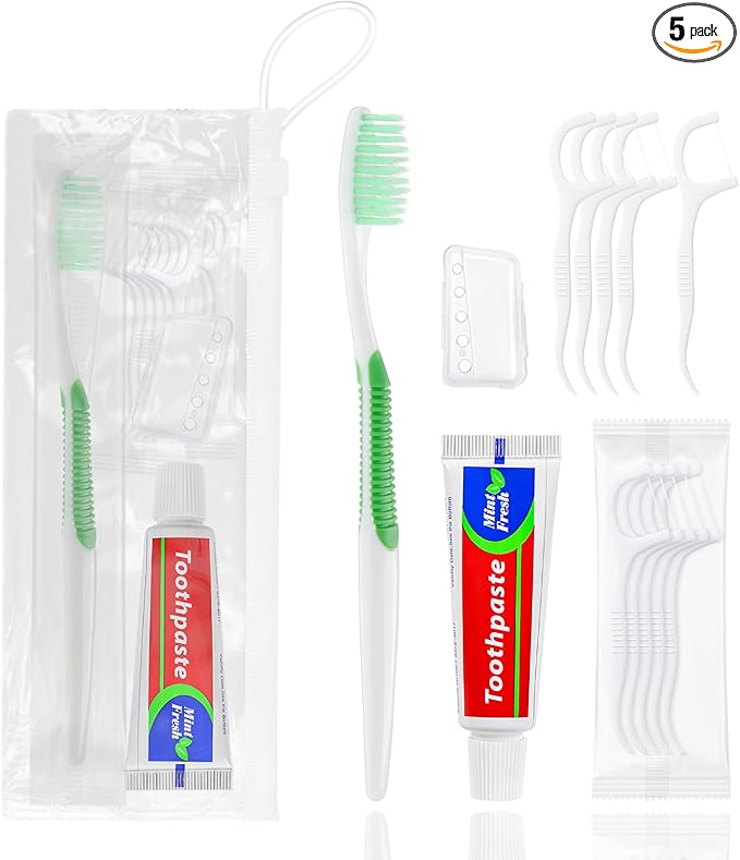 5 Set Disposable Toothbrushes with Toothpaste,5-in-1 Personal Care Travel Toiletries Sets Bulk Toothbrushes with Toothpaste and Floss,Comb,Cover Toothbrush Kit for Homeless,Hotel,Charity