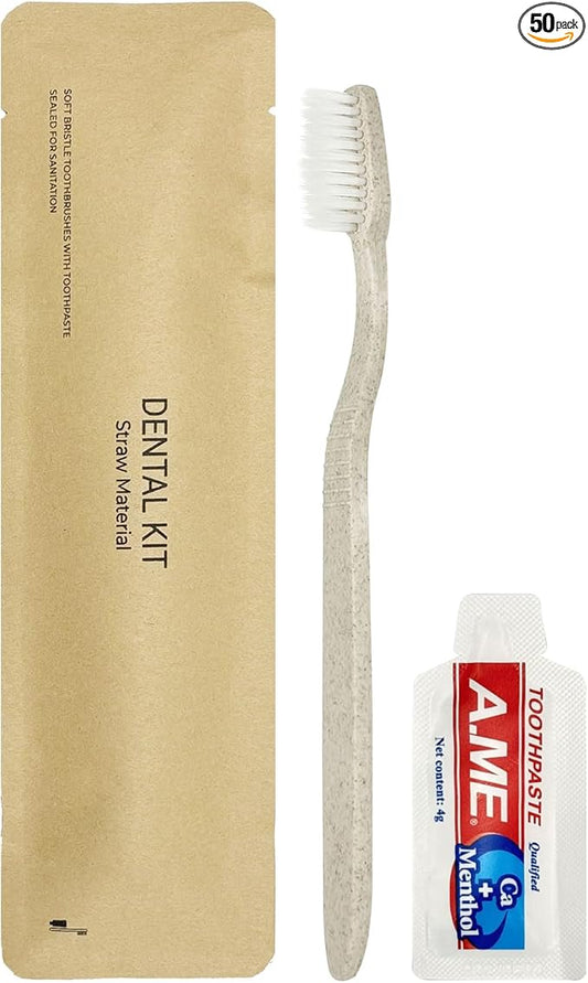 50 Pack Travel Size Toothbrushes with Toothpaste in Bulk, Disposable Individually Wrapped Wheat Straw Portable Toothbrushes Kit for Homeless, Nursing Home, Charity, Shelter, Airbnb and Hotel