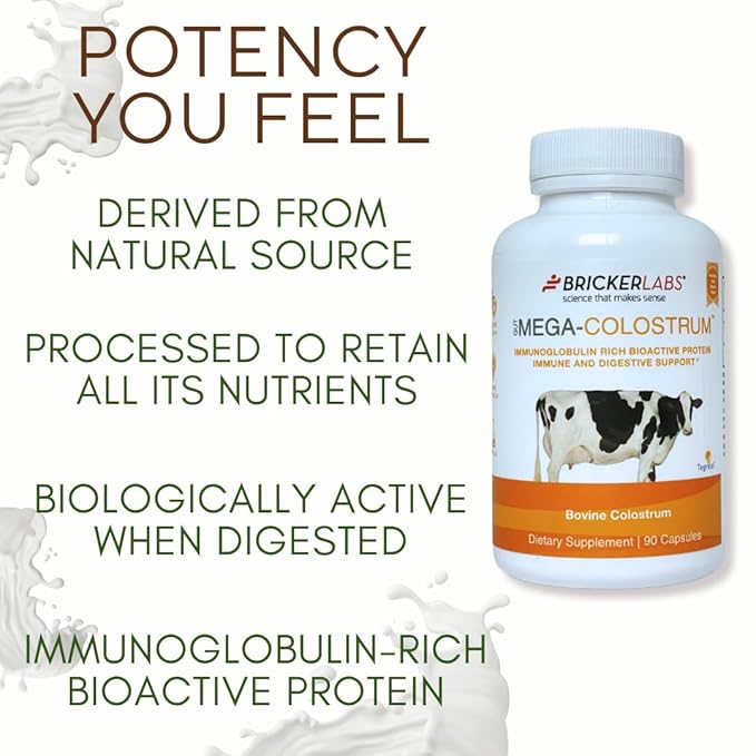 Bricker Labs Mega-Colostrum Capsules, Gut Health, Immunity, Skin & Hair, 1000 mg Bovine Colostrum Supplement 40% IgG, Rich in bioactive proteins, Growth Factors and antibodies, 45 Servings