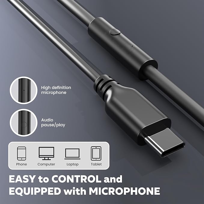 2025 Upgraded USB Type C Wired Headphones, Over-Ear Headphones with Microphone and Volume Control Foldable Corded Stereo for Smartphone Tablet(Black)