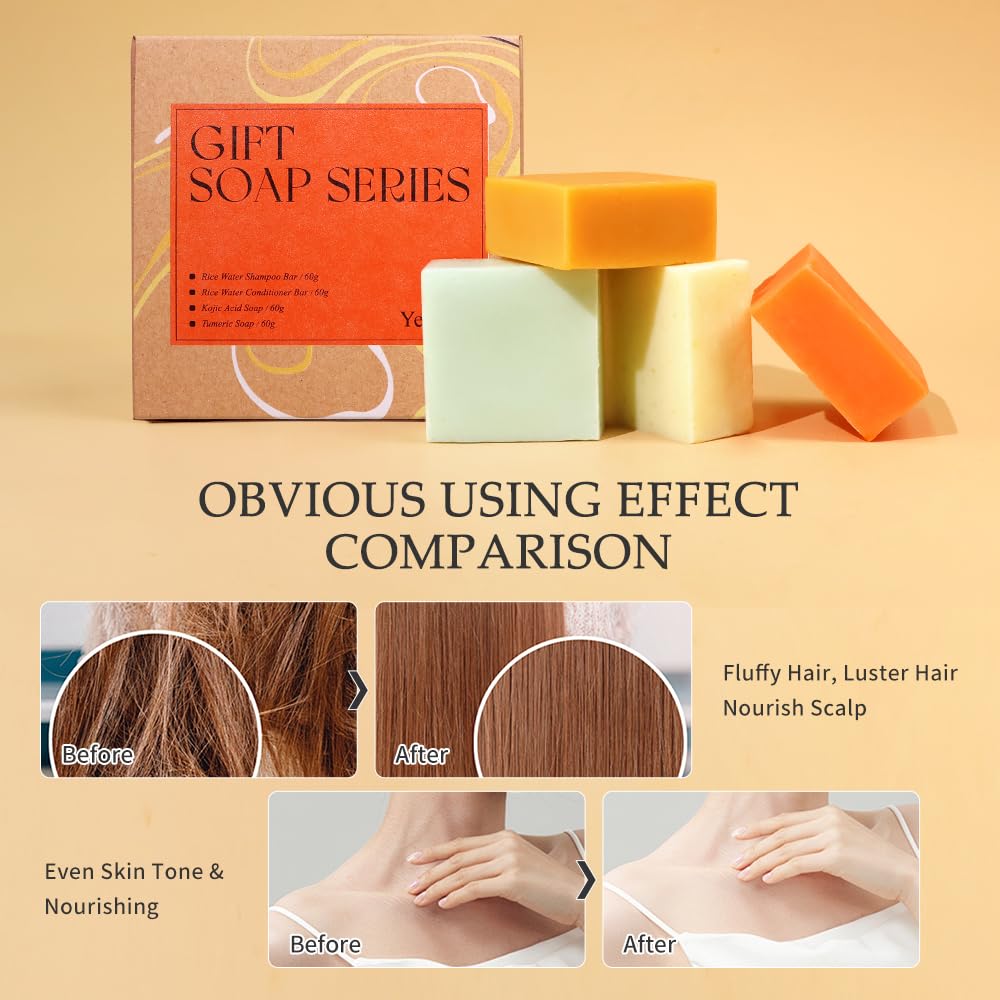 Yeokoe Turmeric Soap Bar and Rice Water Shampoo Conditioner Bar Set,Kojic acid for Body,Face and Hair,Deep Cleansing,Travel Toiletries,Spa Gifts For Women