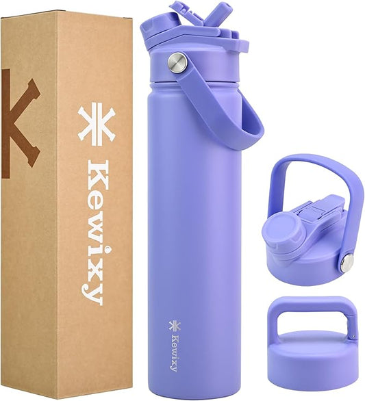 24 oz Insulated Water Bottle, 2-in-1 Lid, Straw & Spout with Protected, Leak Proof, Keep Cold, Stainless Steel, Metal, Reusable, Handle, for Travel, Gym and School, 2 Lids, Aurora Blue