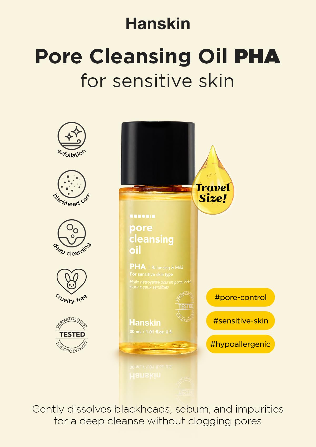 Hanskin PHA Pore Cleansing Oil Mini Set (1.01 oz x 3) – Travel Size Facial Oil Cleanser & Makeup Remover | Gentle Blackhead Care, TSA Friendly | Korean Skincare Stocking Stuffer & Gift for Women