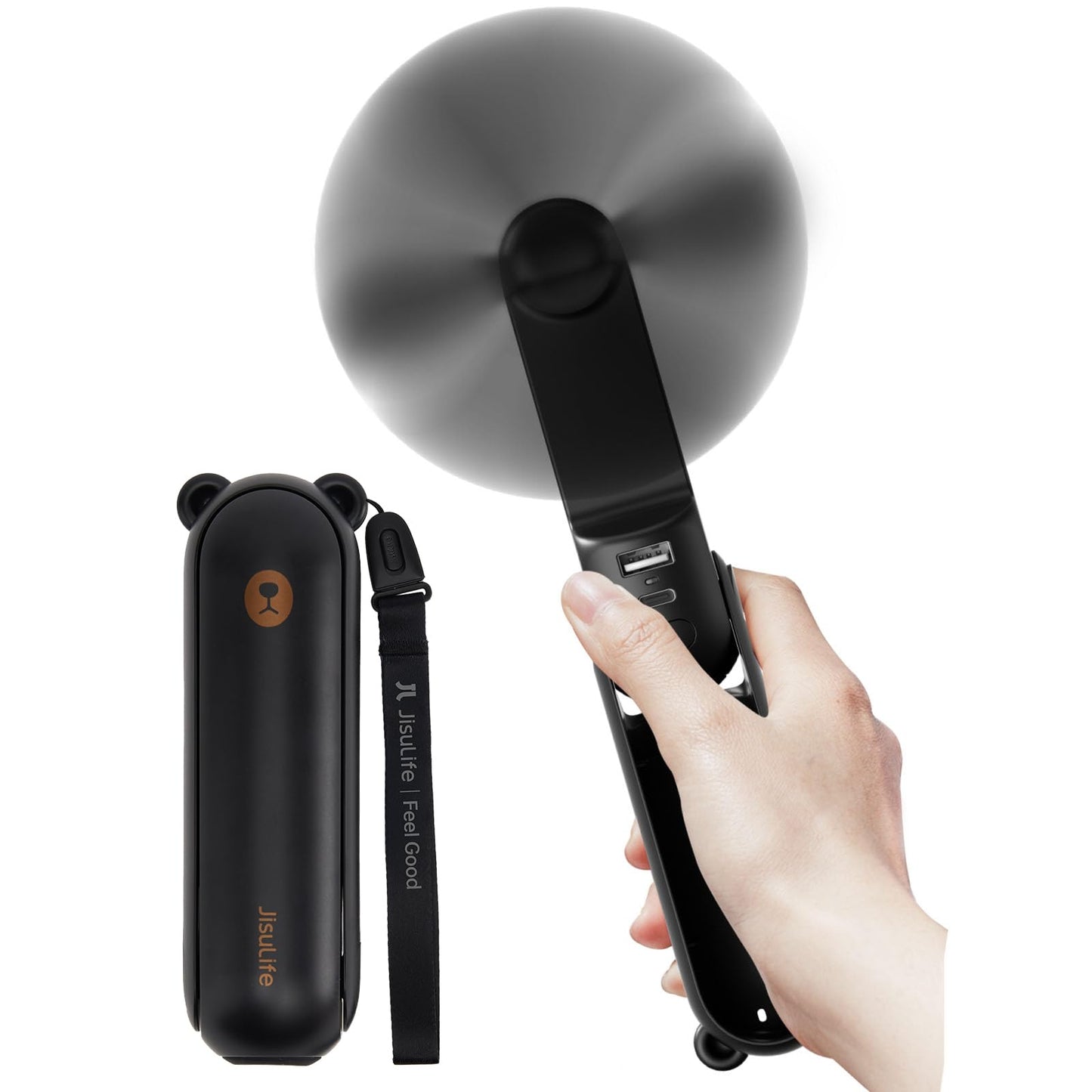 JISULIFE Handheld Fan with 4500 mAh Powerbank Max 37 Hours Runtime, Pocket Portable Battery Operated or USB Powered Folding Personal Fan, 3 Speeds, Gifts for Women Men Kids Gift for Festival-Black