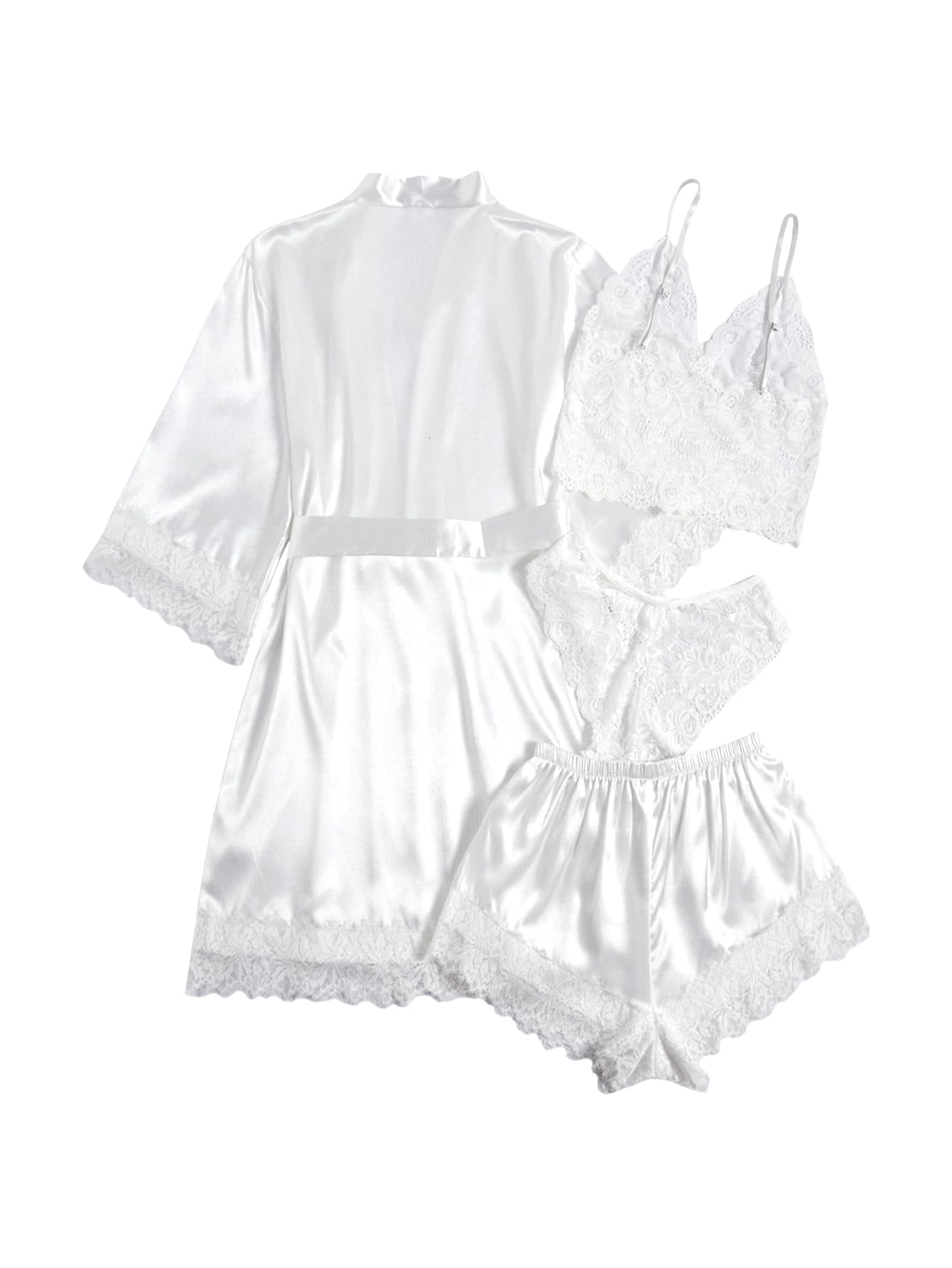 WDIRARA Women' Silk Satin Pajamas Set 4pcs Lingerie Floral Lace Cami Sleepwear with Robe Snow White M