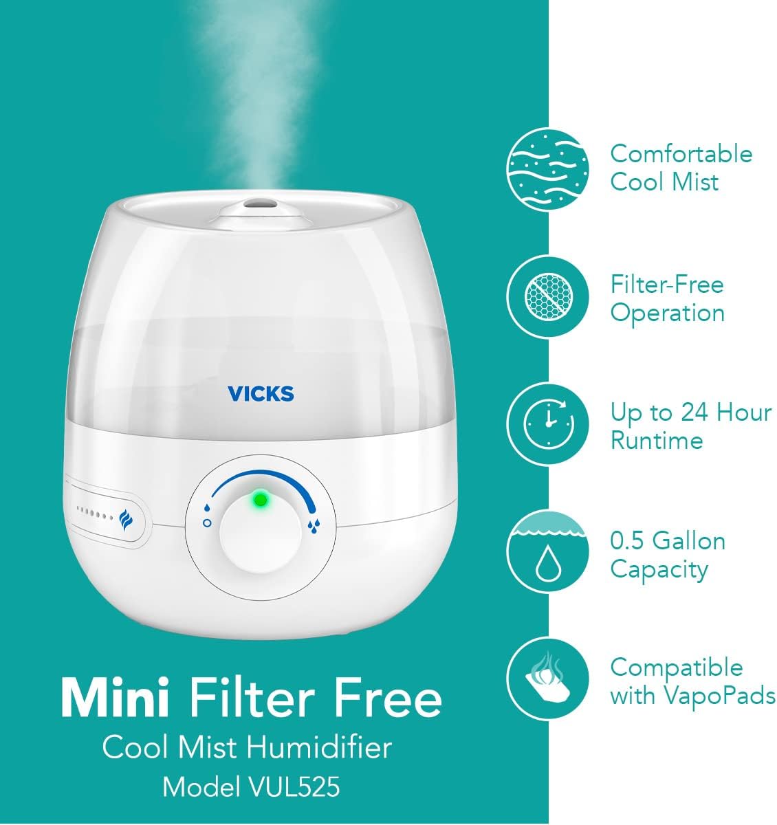 Vicks Mini Filter Free Cool Mist Humidifier, Small Room – Variable Mist Control – Works with Vicks VapoPads