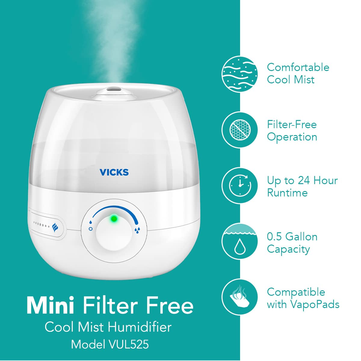 Vicks Mini Filter Free Cool Mist Humidifier, Small Room – Variable Mist Control – Works with Vicks VapoPads