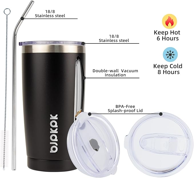BJPKPK 20 oz Tumbler with Lid and Straw Insulated Travel Coffee Mug Reusable Stainless Steel Thermal Cups,Black