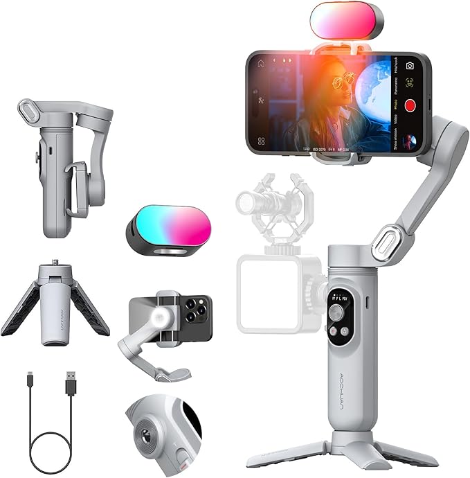 3-axis Gimbal Stabilizer for Smartphone w/ 1/4 Thread Foldable Phone Stabilizer for Recording, Built-in Fill Light, Smartphone Gimbal w/RGB Light for iPhone 15/14 Vlogging(Smart X Kit Grey)