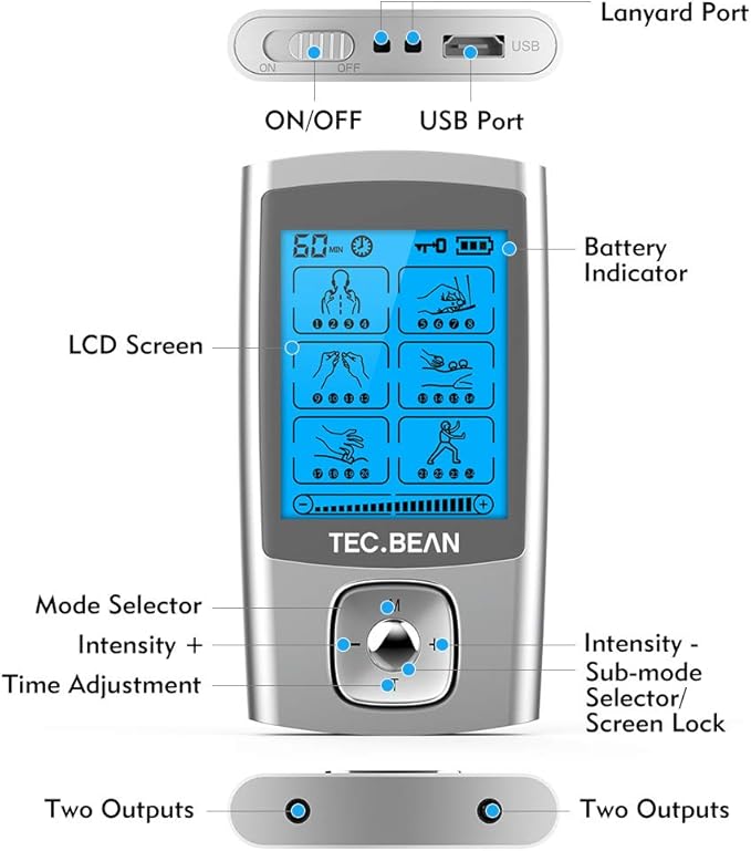 24 Modes Tens Unit Muscle Stimulator, Rechargeable Tens Machine with 8 Electrode Pads (American Gel), Electric Pulse Massager for Pain Relief Therapy(Silver)