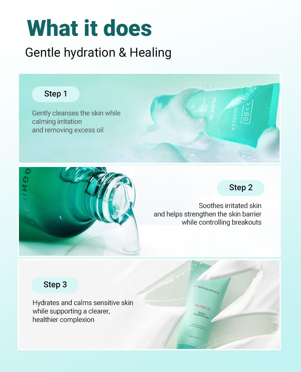 BRING GREEN TEA TREE CICA TRIAL KIT | Travel Size Korean Skin Care Set for Acne-Prone, Sensitive Skin | Zinc Teca Serum, Tea Tree Cica Moisturizer & Deep Cleansing Foam | Hydrating & Oil Control