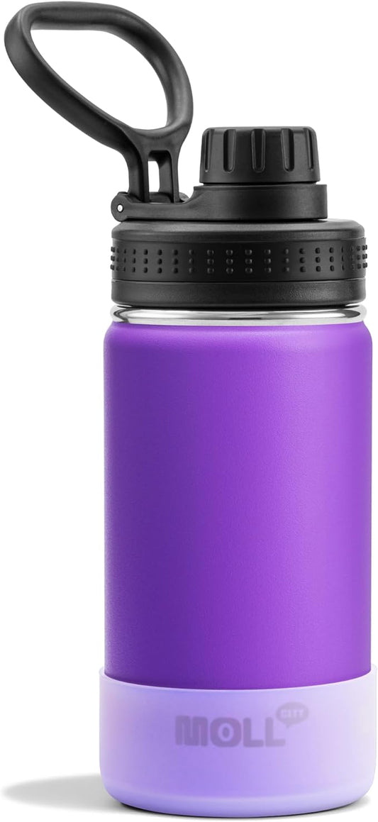 Kids Water Bottle with Spout Lid-12 oz Sports Wide Mouth Water Bottle for School-Reuasble Stainless Steel Vacuum Insulated Water Flask with Silicone Boot(Purple)