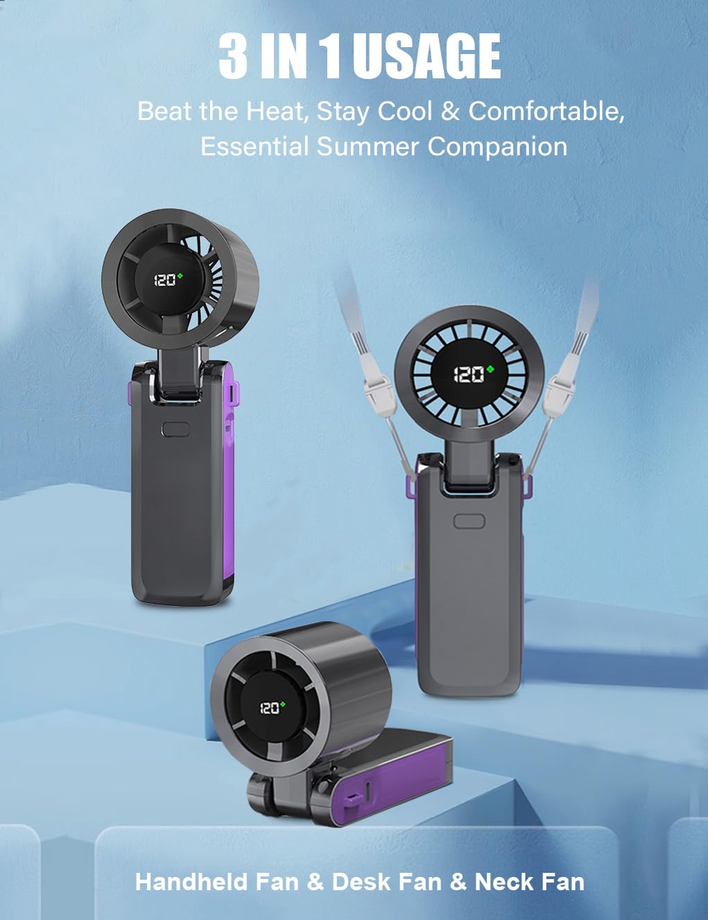 Portable Handheld Fan, Rechargeable Personal Fan, 180° Foldable Mini Desk Fan with 120 Wind Speed, LCD Digital Display, Lanyard as Neck Fan, Powerful Personal Cooling for Travel Indoor Outdoor