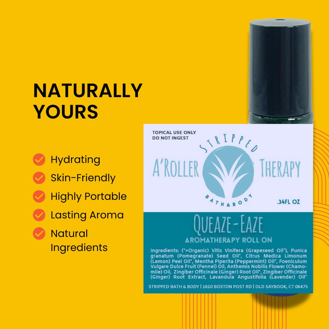 Stripped Bath & Body Queaze Eaze Essential Oil Roll On | Stomach Support Essential Oil Blend with Ginger, Lemon, Peppermint, and Fennel – Skin-Friendly Carrier Oils | Stocking Stuffer Gift