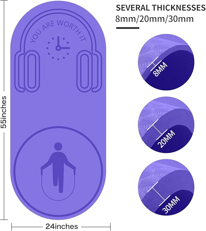 8/20/30mm Jump Rope Mat Fitness Exercise Mat Durable, Non-Slip, Workout Mats with Jump Rope & Carrying Bag for Home Gym Flooring (55"x 24")