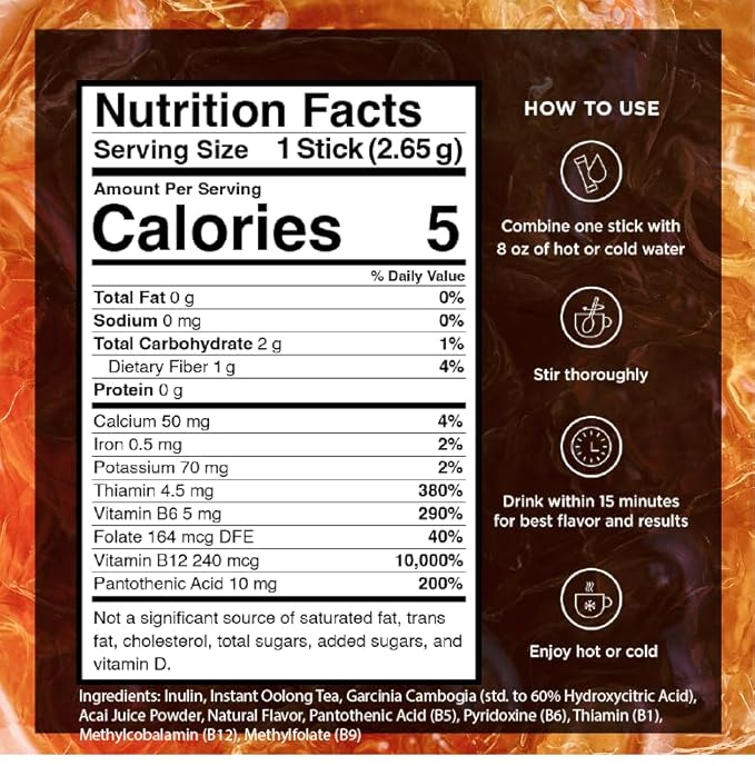 VitaCup Slim Instant Tea Packets For Diet Support, Oolong tea w/B Vitamins, Garcinia, Inulin & Acai, On-the-go Instant Sticks, 24 Ct