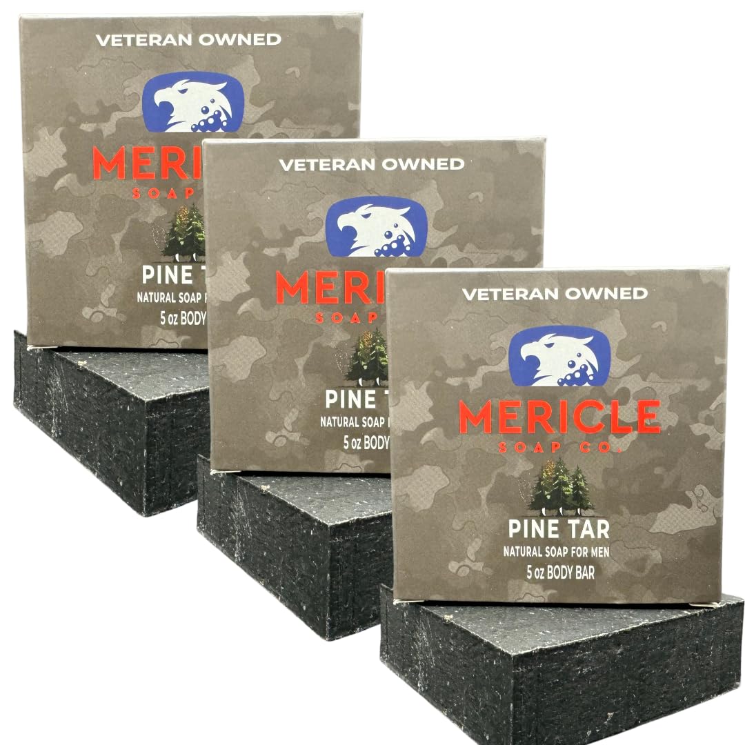 Mericle Soap Co. Pine Tar Organic 5oz Body Bar | Veteran Owned | Traditional Cold Process Technology | 100% Natural Ingredients | No Harsh Chemicals | Exfoliating | Made in the USA - Pack of 3