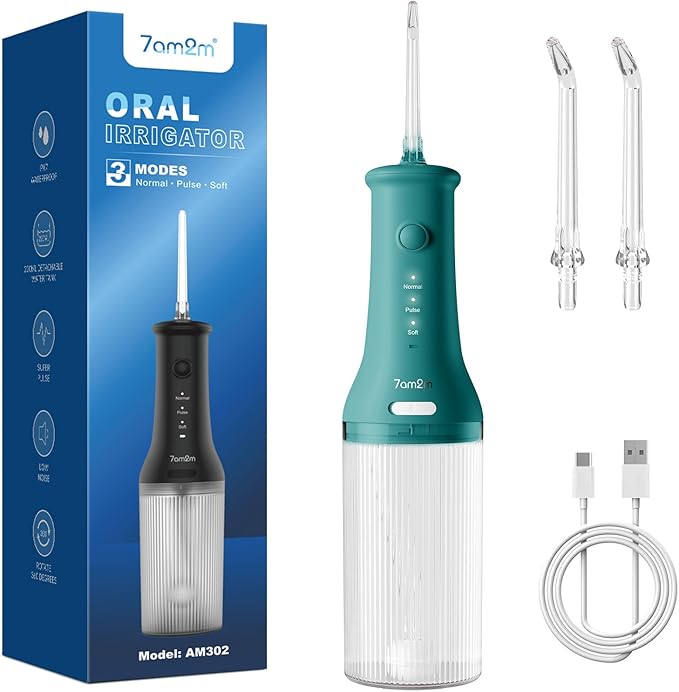7AM2M Portable Water Flosser Cordless, Water Flosser for Teeth with 3 Modes and 2 Jet Tips, USB C Rechargeable, IPX7 Waterproof, Dental Water Flosser for Travel and Home Use (Peacock Green)