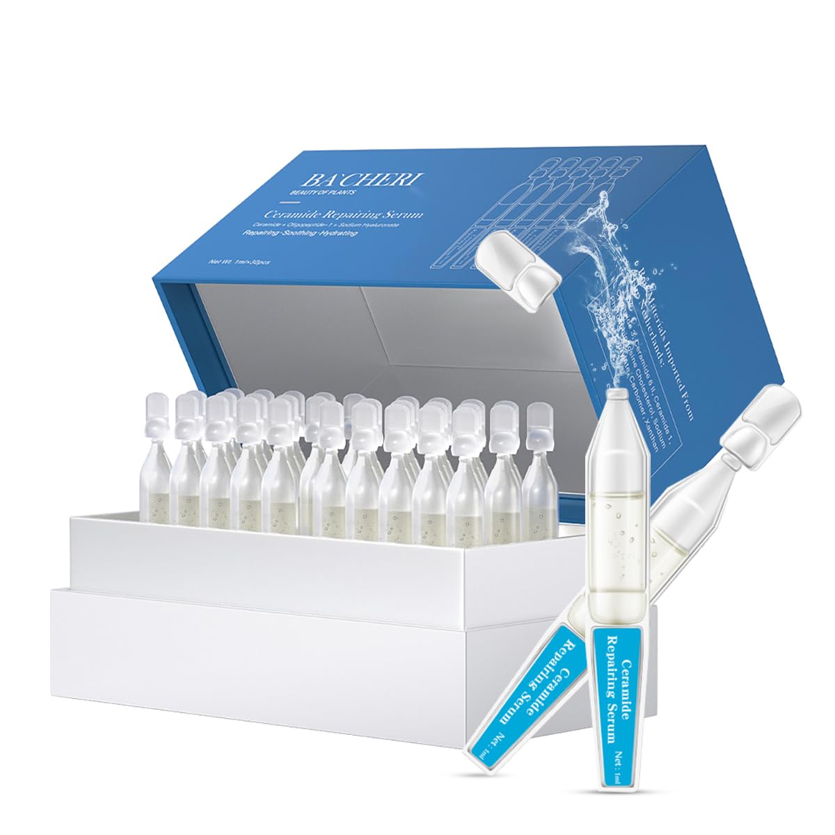 BACHERI Ceramide Ampoule Serum with Hyaluronic Acid, Peptide, Hydrating & Anti Aging, Skin Barrier Repair Face Serum for Dry and Sensitive Skin, 30 Pcs/Box
