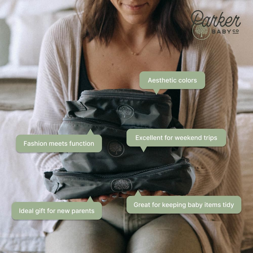 Parker Baby Co. Lightweight Packing Cube Set 3-Pack | Collapsible, Durable, Mesh & Clear Top | Travel Organizer for Diaper Bags, Luggage - Black/Mocha Checker