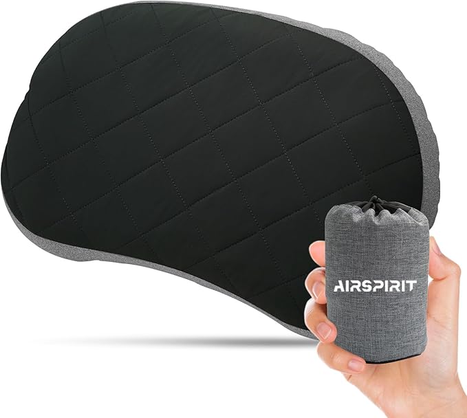 AIRSPIRIT Ultralight Camping Pillow Inflatable with Removable Washable Cover, Compact Travel Pillow for Neck Support, Hiking, Backpacking, Office, Airplane, Car & Beach - Adjustable Firmness (Black)
