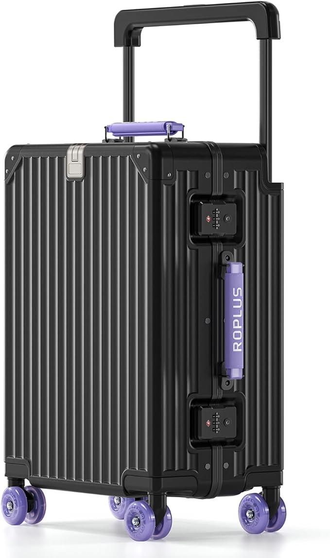 Aluminium Frame Carry on Luggage with Smooth Jelly Wheels, Hardside Zipperless Rolling Suitcase with TSA Lock (BlackPurple, 21-Inch)