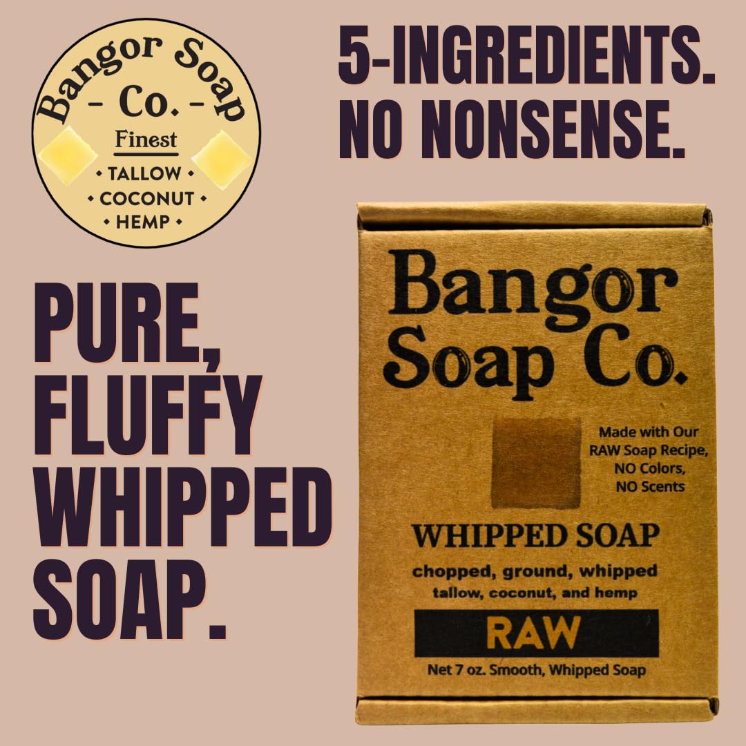 Bangor Soap Co.'s RAW UNSCENTED Pure, Natural Whipped Soap with the FINEST Tallow, Coconut, and Hemp, for the SMOOTHEST Lather in Skin Care