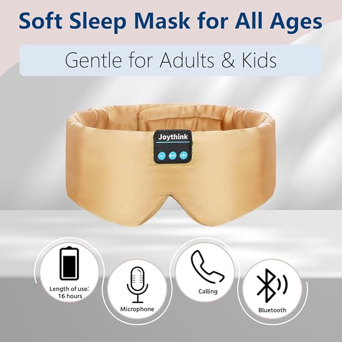 Joythink Sleep Headphones Bluetooth Sleep Mask Silk Headband Earphones Bluetooth Eye Mask for Sleeping On Side Blackout Soft Sleep Earphones Kids Children Music Eye Cover Champagne Gold