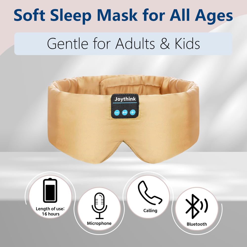Joythink Sleep Headphones Bluetooth Sleep Mask Silk Headband Earphones Bluetooth Eye Mask for Sleeping On Side Blackout Soft Sleep Earphones Kids Children Music Eye Cover Champagne Gold