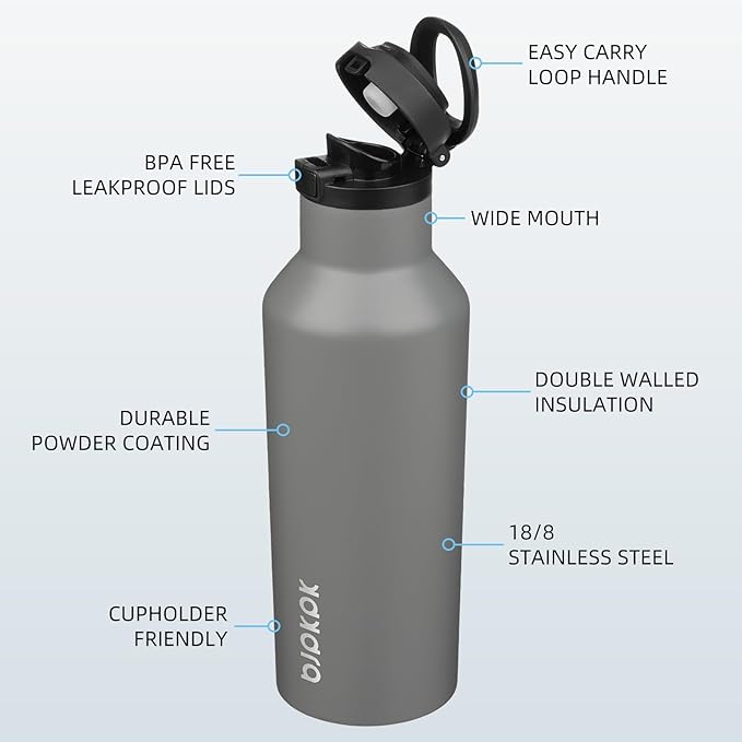 BJPKPK Insulated Water Bottle With Straw 17oz Stainless Steel Water Bottles With 2 Lids And Carry Handle Reusable Travel Metal Thermo,Grey