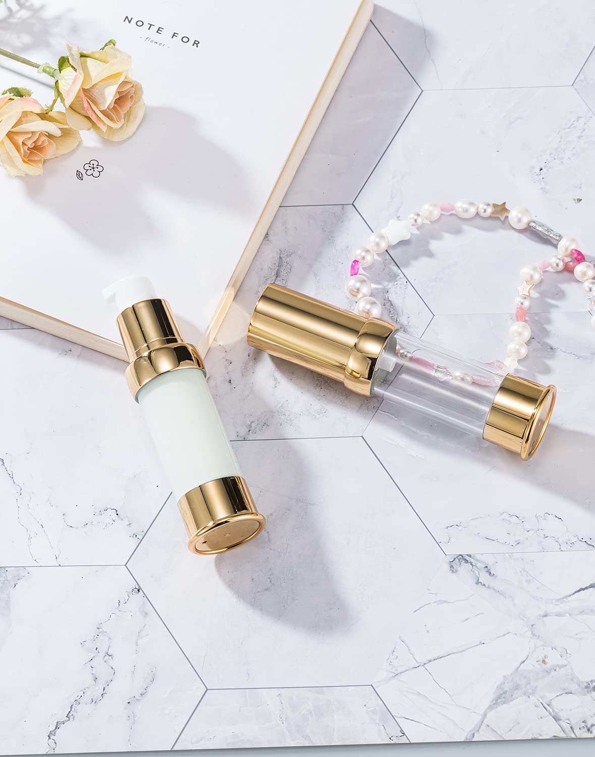 XQNCBY Gold 15ML Airless pump bottle Toiletries Travel Size containers mini makeup bottle Dispenser with Box Reusable empty cosmetic packaging bottles (0.5 oz/15 ml, 4 Packs)