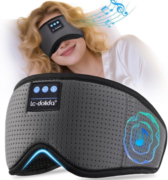 LC-dolida Bluetooth Sleep Mask with White Noise，Sleep Headphones,Bluetooth Wireless Music Eye Mask, Ideal for Travel, Night Work, Napping, Side Sleeping and Office Use for Both Men and Women(Grey)