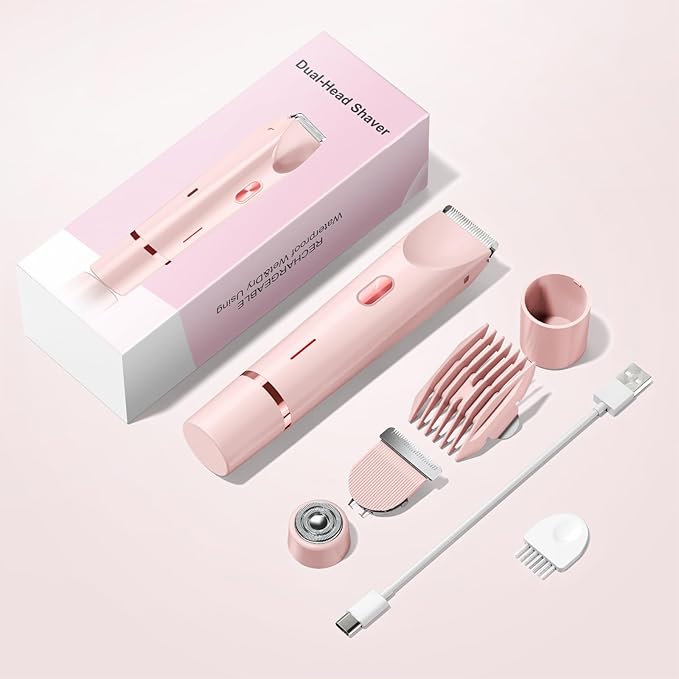 Bikini Trimmer for Women Electric Razors for Women, Double Head Dual Purpose, IPX7 Waterproof Hair Razor, Ceramic Blade Hair Trimmer Wet & Dry Use, Painless Electric Shaver for Facial and Body（Pink）