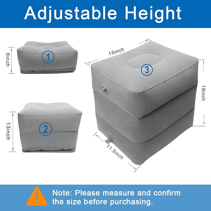 Travel Foot Rest Pillow, AHIER Inflatable Travel Leg Rest Pillow Bed for Foot Rest on Airplanes, Cars, Trains, Office, and Kids to Sleep on Long Flights (Grey)