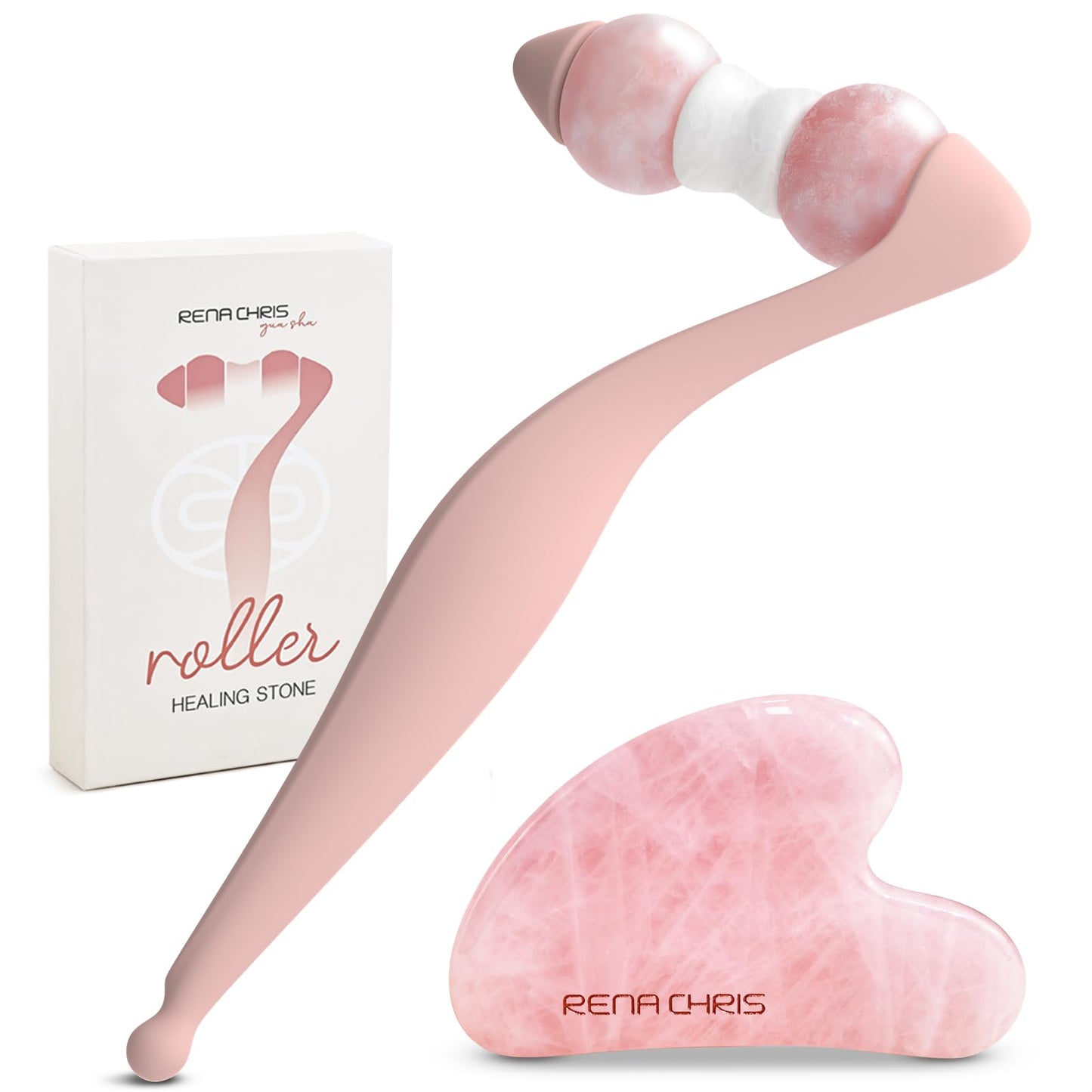 Rena Chris Facial Roller and Gua Sha Set - Jade Gua Sha Facial Tools & Face Roller with Aluminum Alloy Handle and 316 Stainless Steel Shaft for Puffiness Reducing,Skin Care Gift for Women