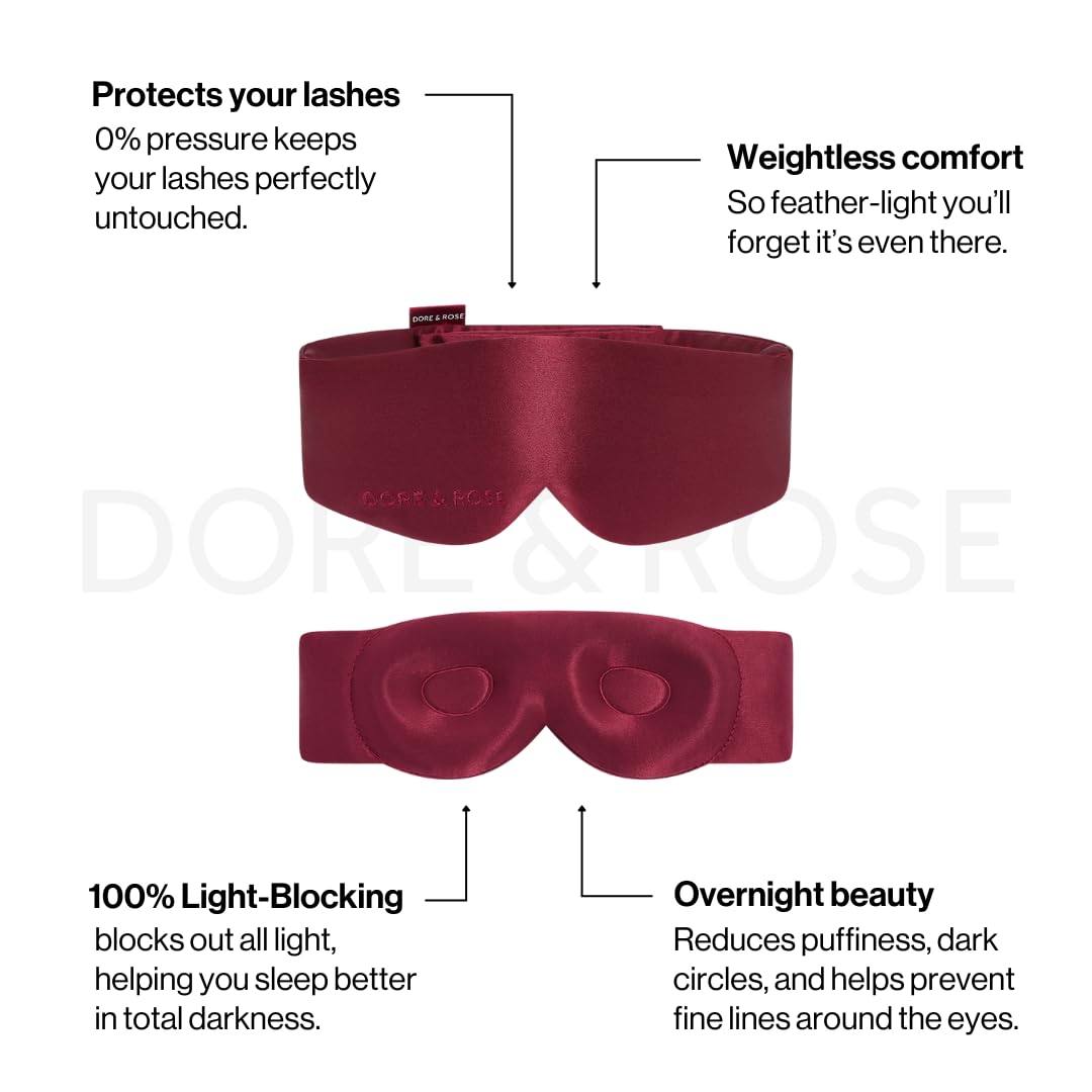 Dore & Rose Aura Sleep Mask, 100% Light Blocking Mulberry Silk Eye Mask (23 Momme), Extra Room for Lashes, Reduces Eye Bags & Dark Circles, Adjustable Travel Deep Sleep Mask for Men & Women (Burgundy)