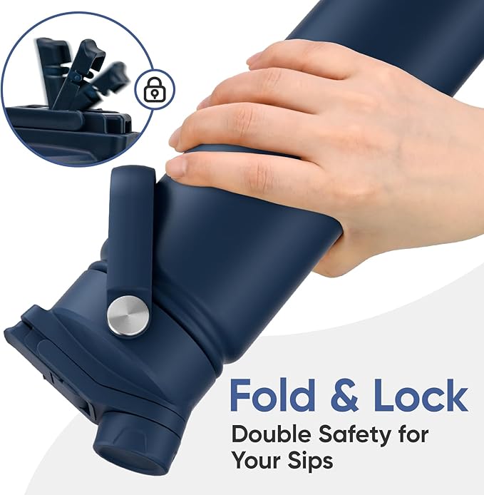 24 oz Insulated Water Bottle, 2-in-1 Lid, Straw & Spout with Protected, Leak Proof, Keep Cold, Stainless Steel, Metal, Reusable, Handle, for Travel, Gym and School, 2 Lids, Denim Blue