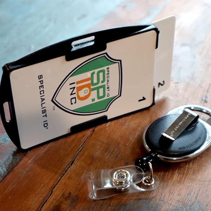 5 Pack - RFID Blocking Badge Holder with Retractable Carabiner Clip Badge Reel - Dual Sided - SkimSAFE Skimming Protection - 2 Card Shield for 13.56MHz Radio Signal by Specialist ID (Black)