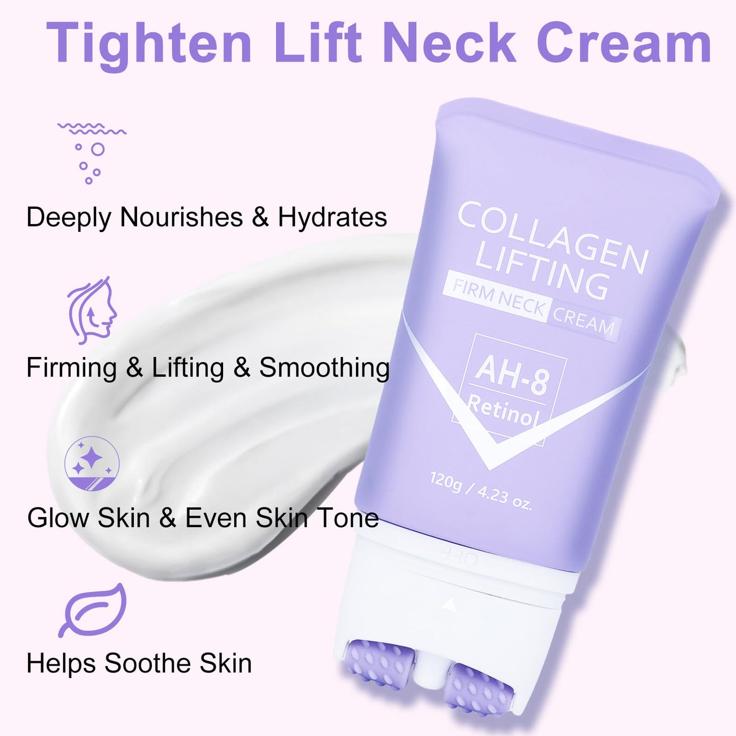 AH-8 Neck Firming Cream, Tighten Lift Neck Cream with Roller Massage for Neck Chest, Tightening Lifting Sagging Wrinkle Skin Care, Moisturizing, Collagen Retinol Lotion Korean Skincare for Women
