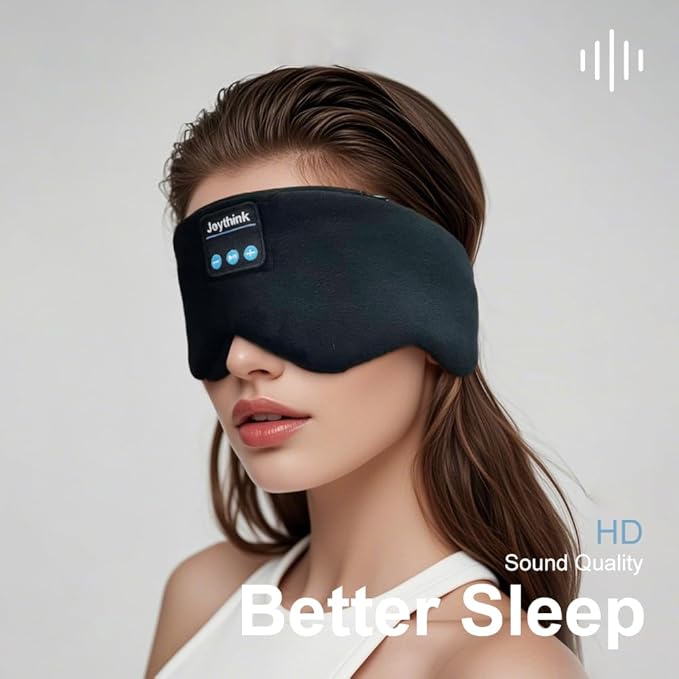 Joythink Sleep Mask Headphones Silk Wireless Bluetooth Headband Eye Mask for Side Sleepers Blackout for Airplane Travel Men Women Black