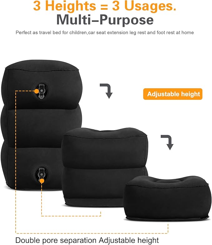 Sunany Inflatable Foot Rest Pillow , Adults Airplane Travel Pillow-Adjustable Height Cushions,for Kids to Sleep While Traveling,Suitable for Office, Home and Any Travel（Black）
