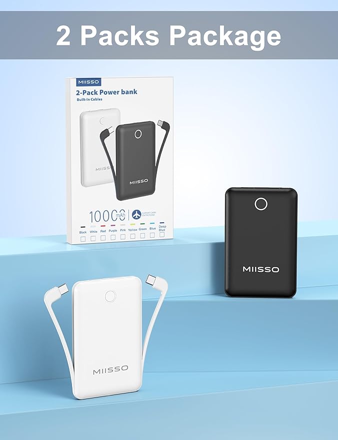 10000mAh Compatible with iPhone 15/16/17 (Only) Slim Portable Charger with Built in Cable, Power Bank Travel Charger External Battery Pack for Phone, 3 Output USB Type C Cord, 2 Pack Black & White