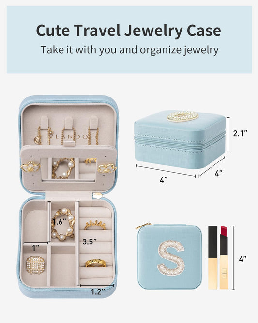 Vlando Jewelry Box for Girls Women, Initial Organizer Case, Travel Must Haves, Necklace Earrings Ring Box, Gifts for Sister Daughters - Letter S, Blue