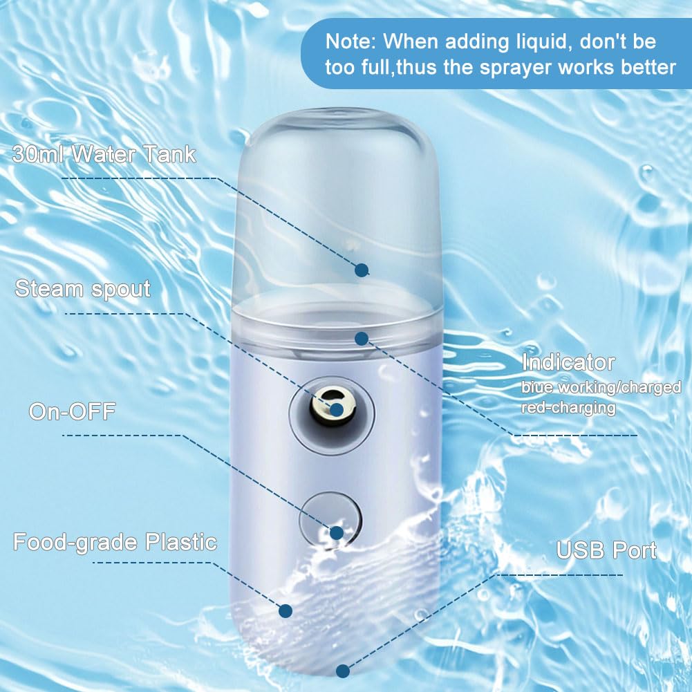 2PCS Portable Nano Face Mister, Abnaok Facial Steamer, USB Rechargeable Cool Mist Sprayer, 30ml Visual Water Tank, Nano Mister for Eyelash Extensions, Facial Deep Cleaning, Makeup