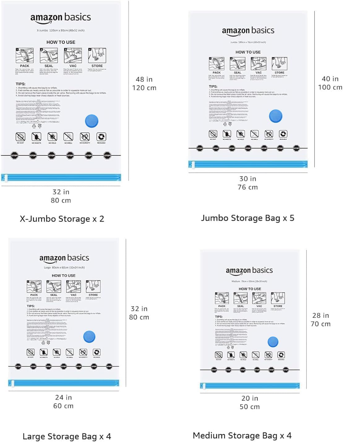 Amazon Basics Vacuum Compression Space Saving Storage Bags with Hand Pump for Travel, Multiple Sizes for Clothes and Blankets, Clear, 20 Pack (5 Small, 5 Medium, 5 Large & 5 Jumbo)