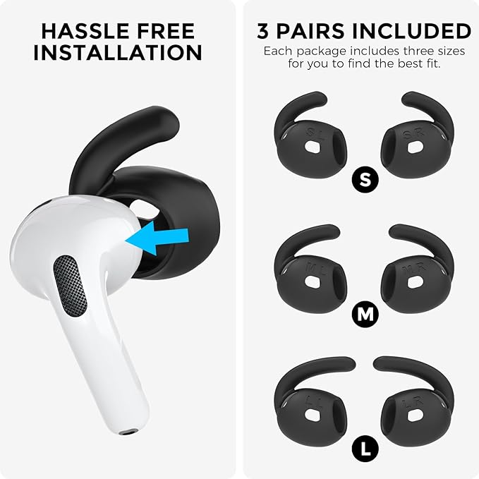AhaStyle Ear Hooks for AirPods 4th Generation (2024) 【Added Storage Pouch】 3 Pairs S/M/L Anti-Slip Ear Covers Silicone Accessories Compatible with Apple AirPods 4th Gen (Large+Medium+Small, Black)